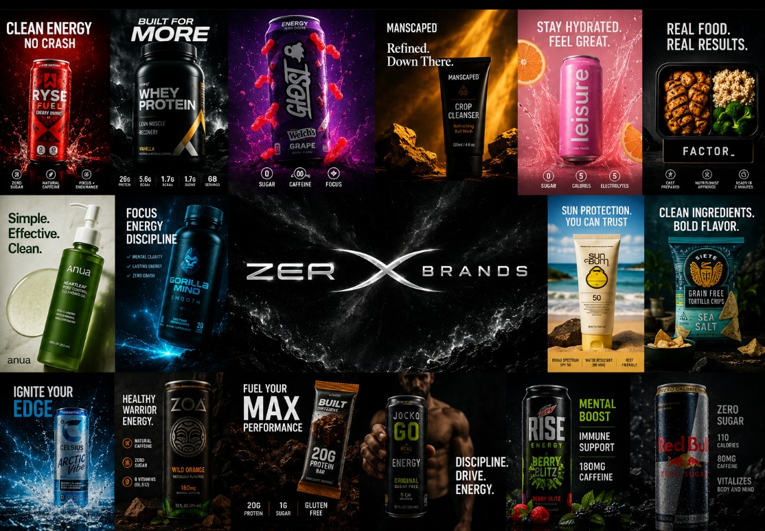 ZERX Brands — concept ad creative for CELSIUS, GHOST, RYSE, ZOA, Red Bull, Jocko, Gorilla Mind, Leisure and more